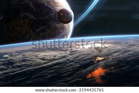 Beautiful space landscape. Distant planets of deep space. View from planetary orbit. Science fiction. Elements of this image furnished by NASA Royalty-Free Stock Photo #2194435765
