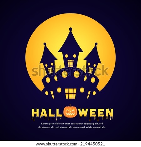 Halloween greeting cards, poster, or party invitations with calligraphy, halloween elements spooky castle in night moon. Design template for advertising, web, social media