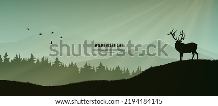 Forest landscape silhouettes with wild animals standing on meadow in trees and mountain landscape. Horizontal banner. Silhouette of animal, trees, grass. Magical misty landscape, fog. Hunting season.