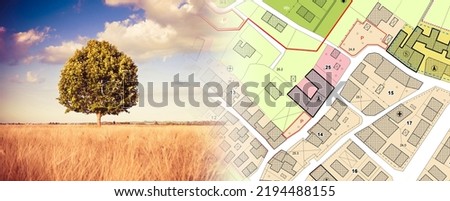 Imaginary General Urban Plan with urban destinations roads, buildable areas, land plot and lone tree on a rural scene - note: the map is totally invented and does not represent any real place Royalty-Free Stock Photo #2194488155