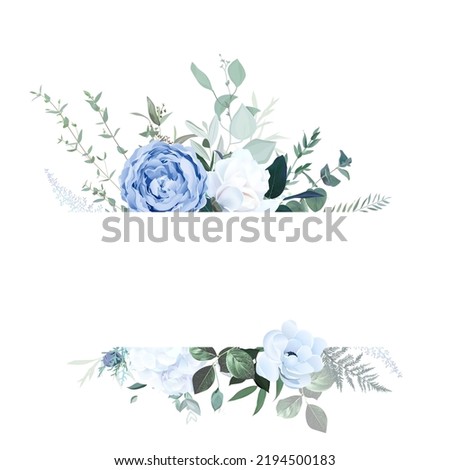 Dusty blue rose, white hydrangea, ranunculus, anemone, eucalyptus, greenery, juniper, magnolia vector design frame. Wedding seasonal flower card. Floral  watercolor composition. Isolated and editable Royalty-Free Stock Photo #2194500183