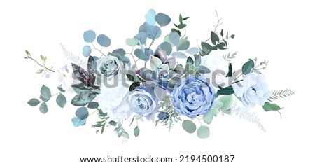 Dusty blue rose, white hydrangea, ranunculus, magnolia, anemone, succulent, greenery, juniper vector design bouquet. Wedding seasonal flowers. Floral  watercolor composition. Isolated and editable Royalty-Free Stock Photo #2194500187