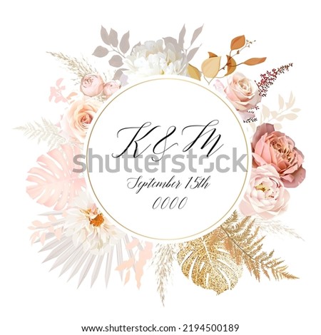 Rust orange and blush pink antique rose, beige and pale flowers, creamy peony, ranunculus, dahlia, pampas grass, fall leaves wedding vector frame. Floral watercolor arrangement.Isolated and editable Royalty-Free Stock Photo #2194500189