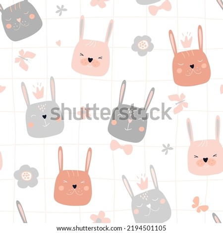 Seamless pattern with funny bunny faces. Cute summer print with baby rabbit with crowns and butterflies. Vector graphics.