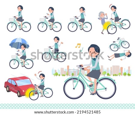 A set of Clerk woman riding a city cycle.It's vector art so easy to edit.