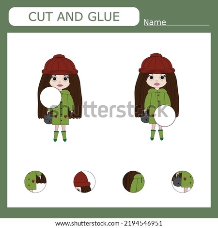 Vector illustration of an cute little girl who needs to pick up and cut out the missing detail. Educational paper game for kids. Cutout and gluing
