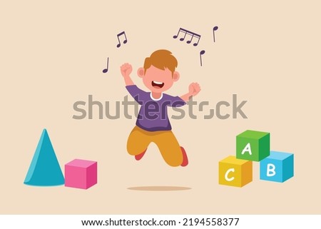 Happy Little boy learn singing in the kindergarten class. the concept of pupil activity in class. Flat vector illustrations isolated.