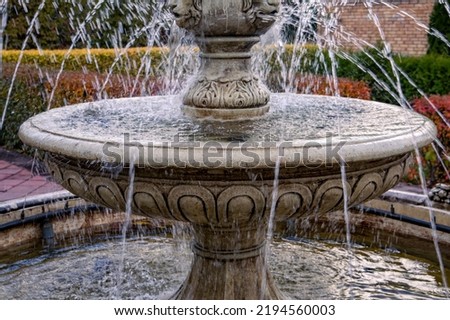 Fountain and jets of water against the background of trees and bushes in the autumn park. Landscape design, landscape architecture.