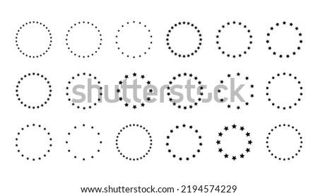 Stars of various sizes arranged in a circle. Round frame, border. Design element, ornament. Black star shape, simple symbol. Vector illustration.