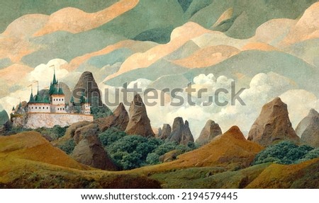 Children's painted colored wallpaper. Colorful illustration of a mountain landscape with a castle. Design for a children's room, poster, postcard.