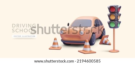 Concept poster for driving school in 3d realistic style with car, traffic cones and traffic lights. Vector illustration