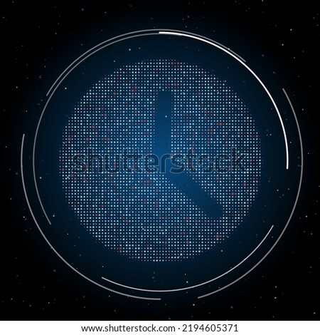 The time symbol filled with white dots. Pointillism style. Some dots is red. Vector illustration on blue background with stars