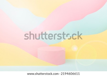 Abstract scene - circle pink podium, sunlight glow glare, mountain landscape - pastel pink, yellow, mint color in funny children style. Stage template for presentation of cosmetic, goods, advertising.