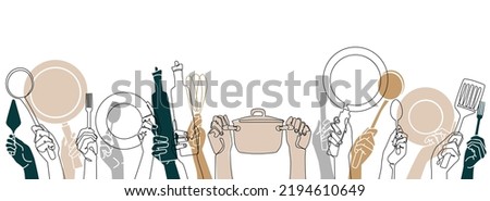 Cooking Background. Kitchen  pattern. People holding different utensils. Restaurant poster. Vector illustration.  Royalty-Free Stock Photo #2194610649
