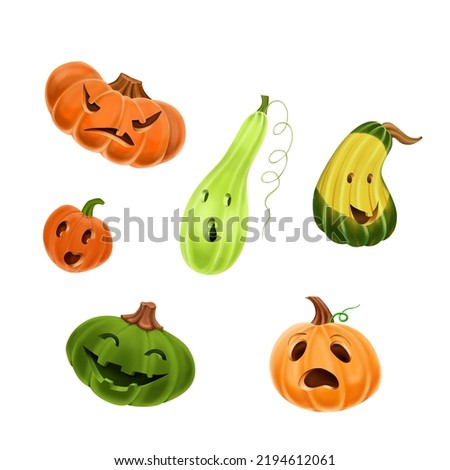 Pumpkins clip art. Digital illustration. Six colorful pumpkins. For Halloween design and decor.