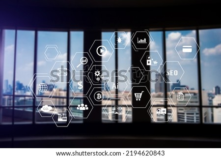 Smart city data Management Platform with virtual interface graphic icons concept. city background.