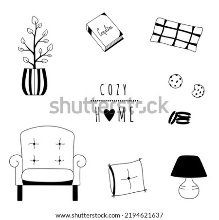 Outline doodle set of cozy home elements. Isolated hand drawn armchair, pillows, lamp, cookies, house plant, book clip art. Vector illustration of interior items