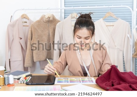 Professional designers are choosing color schemes to design blouses and dresses, Fashion designer, Creativity and ideas, Mannequin, Shirt sketch, Color scheme, Garment accessories ,work independently.