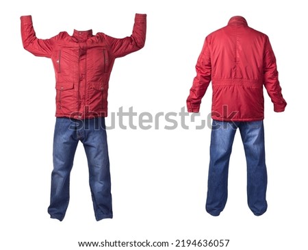 two red men's jacket and blue jeans isolated on white background.casual clothing