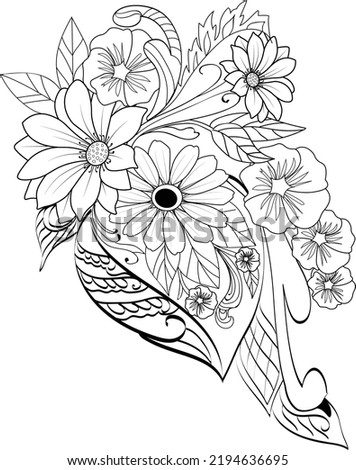 doodle flower coloring book or page, hand drawn vector illustration sketch  zen tangle elements bouquets of floral isolated image clip art on whit background for adult.
