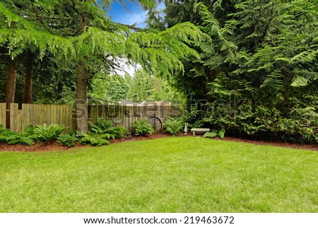 Green backyard area with wooden fence and decoration Royalty-Free Stock Photo #219463672