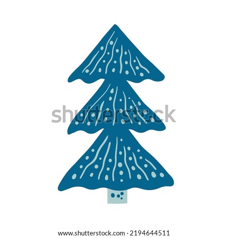 Scandinavian doodle Christmas tree vector illustration. Funny textured blue winter holiday sign in hand drawn cartoon style. Isolated Xmas, New Year festive vector illustration on white background