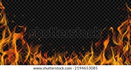 Translucent fire flames and sparks on transparent background. For used on dark illustrations. Transparency only in vector format