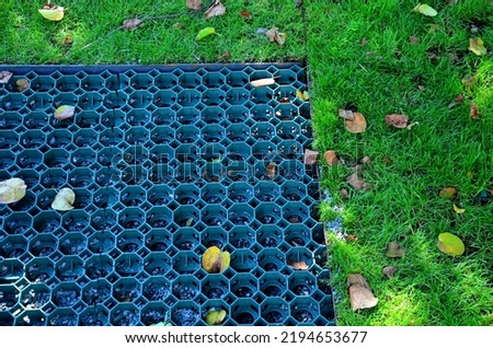 installation of a plastic mat as a substitute for lawn. plastic permeable tiles are filled with a fine putty. under the benches is a reinforced grass paving