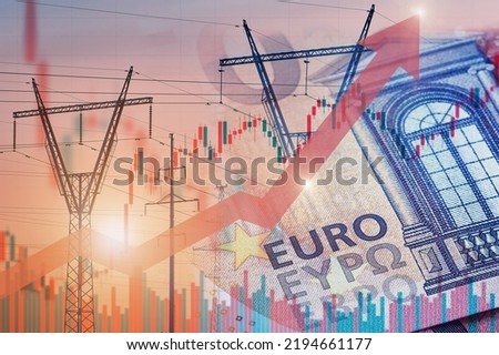 Power lines next to euro notes with stock chart and rising up arrow. Energy crisis in Europe. Price increase of electricity consumptions for home and industry. Electricity trade. Royalty-Free Stock Photo #2194661177