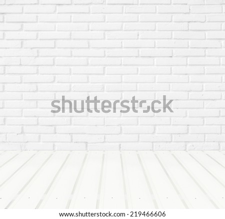 Room interior vintage with white brick wall and wood floor background.
