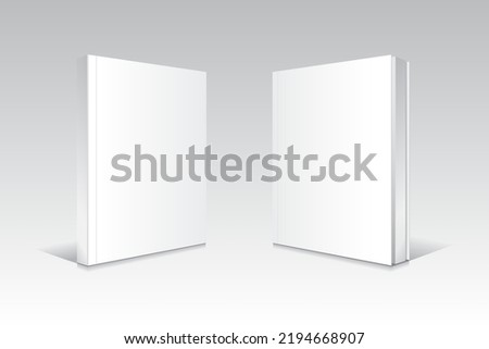 White standing and slightly open softcover thin books or magazines mockup template. Isolated on gradient gray background with shadow. Ready to use for your business. Realistic vector illustration.