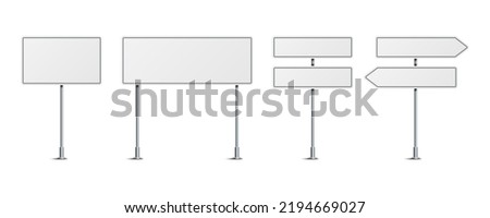 Vector illustration of blank road signs isolated on white background. Set of traffic signs with place for text. Collection of realistic white traffic control signs on metal poles. 
