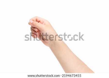 Young child hand holding some like a blank card isolated on a white background Royalty-Free Stock Photo #2194673455