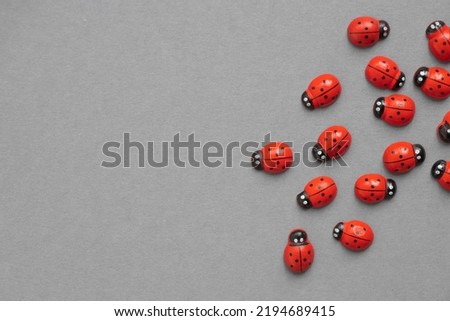 Colored wooden figures in the form of ladybugs on a grey background