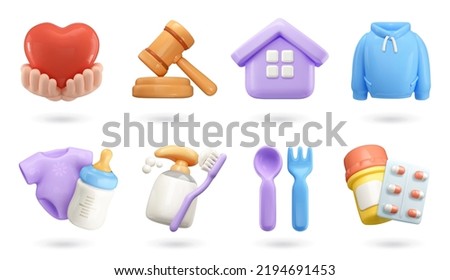 Help, legal services, housing, clothing, goods for children, hygiene, food, medicines. 3d vector icon set Royalty-Free Stock Photo #2194691453