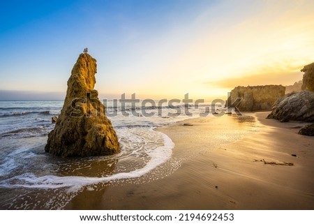 the famous el matador beach during sunset, california Royalty-Free Stock Photo #2194692453