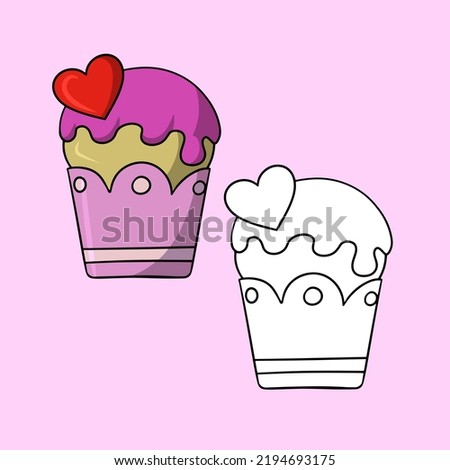 A set of pictures, a delicious cupcake with pink powdered sugar and a heart, a vector illustration in cartoon style on a colored background