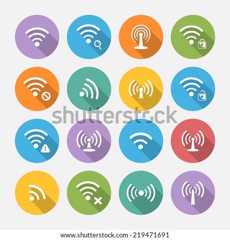 Set of sixteen different flat vector wi-fi and wireless icons with long shadow for communicate using radio waves, remote access, wireless
