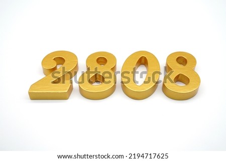 Number 2808 is made of gold-painted teak, 1 centimeter thick, placed on a white background to visualize it in 3D.                                     