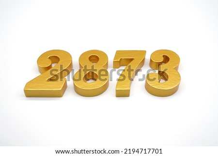  Number 2873 is made of gold-painted teak, 1 centimeter thick, placed on a white background to visualize it in 3D.                              