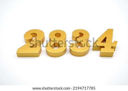   Number 2834 is made of gold-painted teak, 1 centimeter thick, placed on a white background to visualize it in 3D.                                    