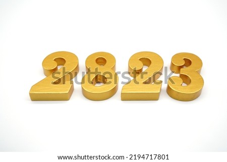    Number 2823 is made of gold-painted teak, 1 centimeter thick, placed on a white background to visualize it in 3D.                                 
