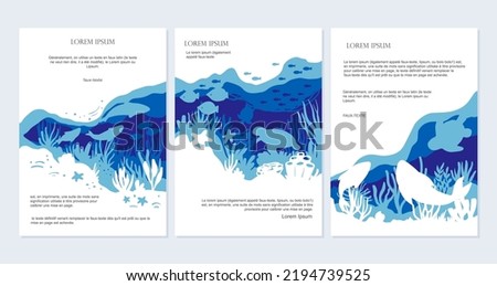 Save the ocean set vector design banners concept. Paper cut illustration with fish turtle whale dolphin isolated on white background.