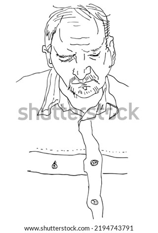 Hand drawn minimalistic line sketch abstract people realistic cartoon comic style man. Concept of elderly person using smartphone. Portrait of retired man clip-art for design  lack of appearance