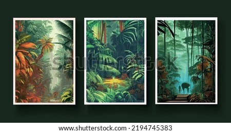 set vertical posters. Colorful tropical rainforest. palm leaves other plants. Aloha textile collection. Tropical forest with dense vegetation trees, shrubs vines. Landscape with green flowers Royalty-Free Stock Photo #2194745383