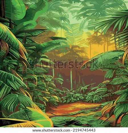 exotic foggy forest natural forest landscape. vector illustration . Landscape silhouette. Dense trees, lush spring, summer grass. Tropical forest with dense vegetation of trees, shrubs and vines. Royalty-Free Stock Photo #2194745443