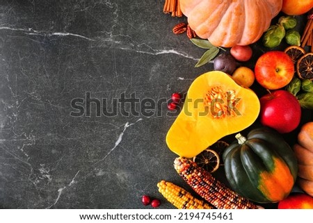 Fall food side border with pumpkins, apples, squash and an assortment of vegetables. Top down view on a dark stone background with copy space.