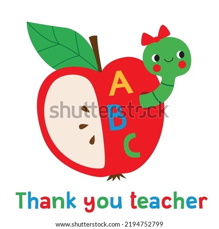 Thank you teacher, vector greeting card (cute cartoon apple with worm)