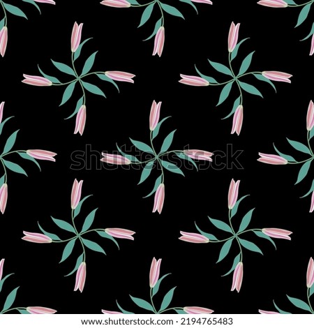Seamless geometrical floral pattern with square cross mandalas of blooming lily branches. Pink and white blossom and green leaves on black background.