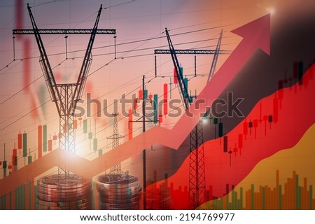 Power lines silhouettes next to Germany flag with stock chart and rising up arrow. Energy crisis in Germany. Price increase of electricity consumptions for home and industry. Electricity trade. Royalty-Free Stock Photo #2194769977